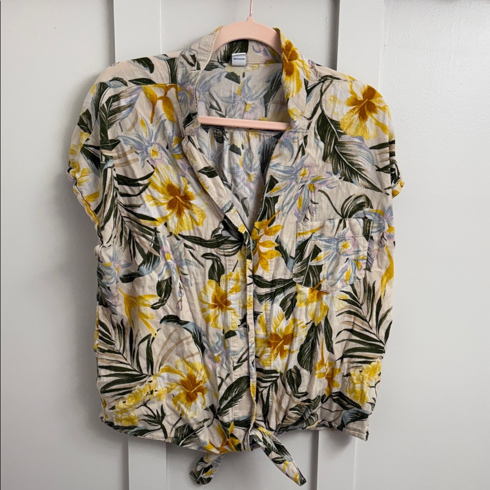 Old Navy Floral Button Down Shirt - Yellow and Green